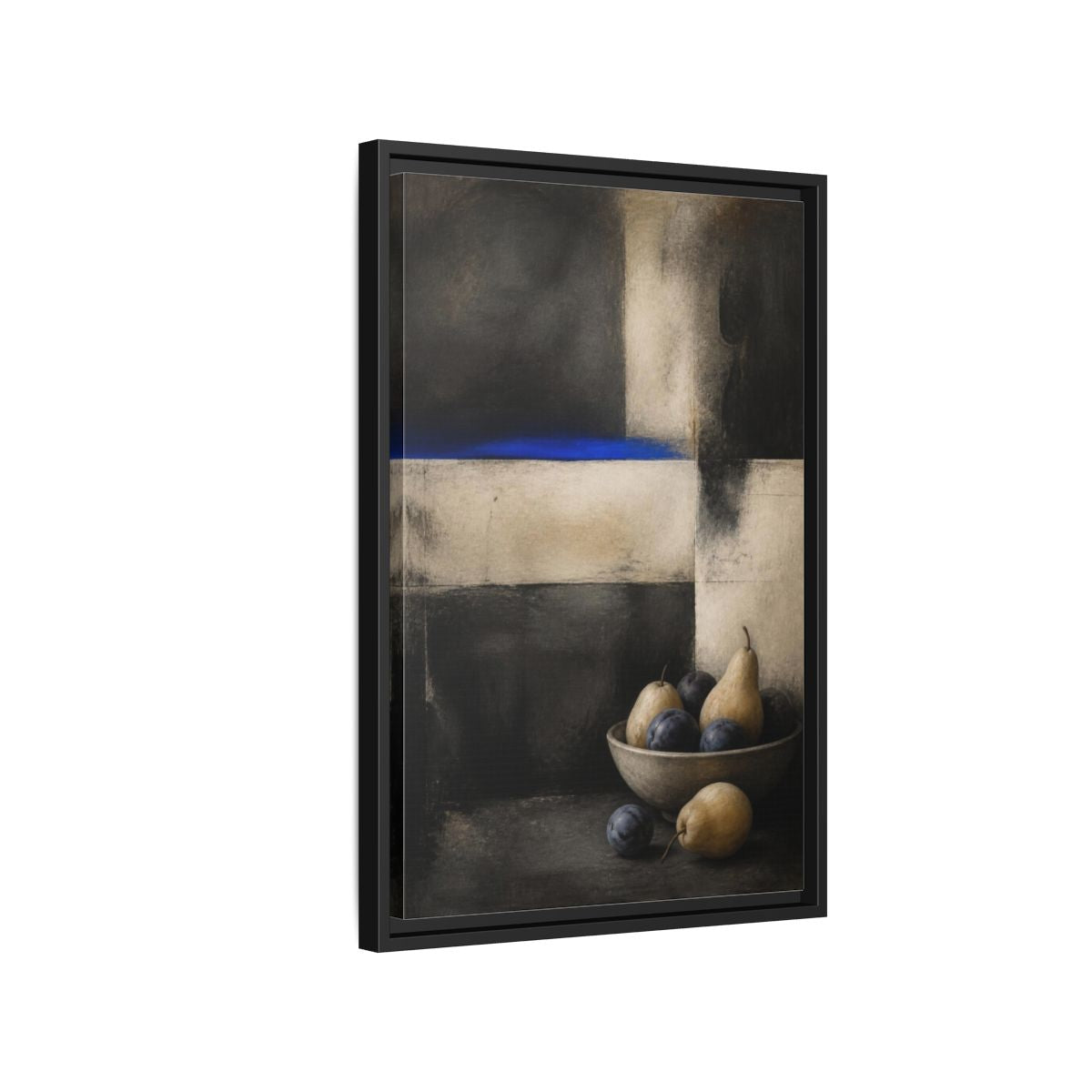 Side Mockup 3. Modern Pear Bowl With Cobalt Band shown as framed canvas print