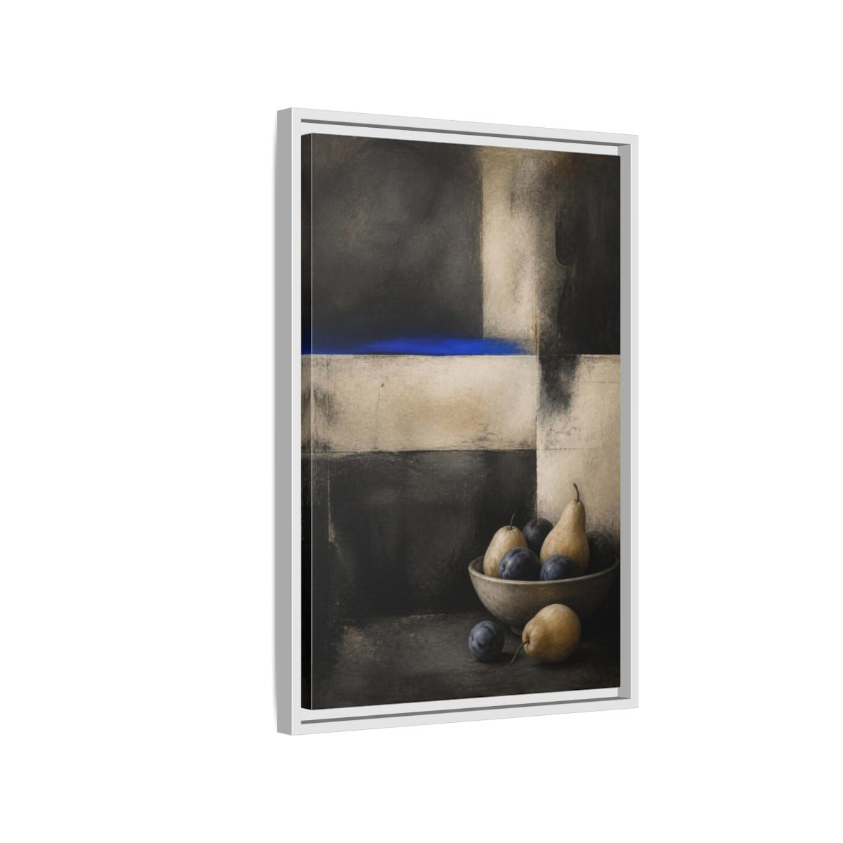 Side Mockup 1. Modern Pear Bowl With Cobalt Band shown as framed canvas print