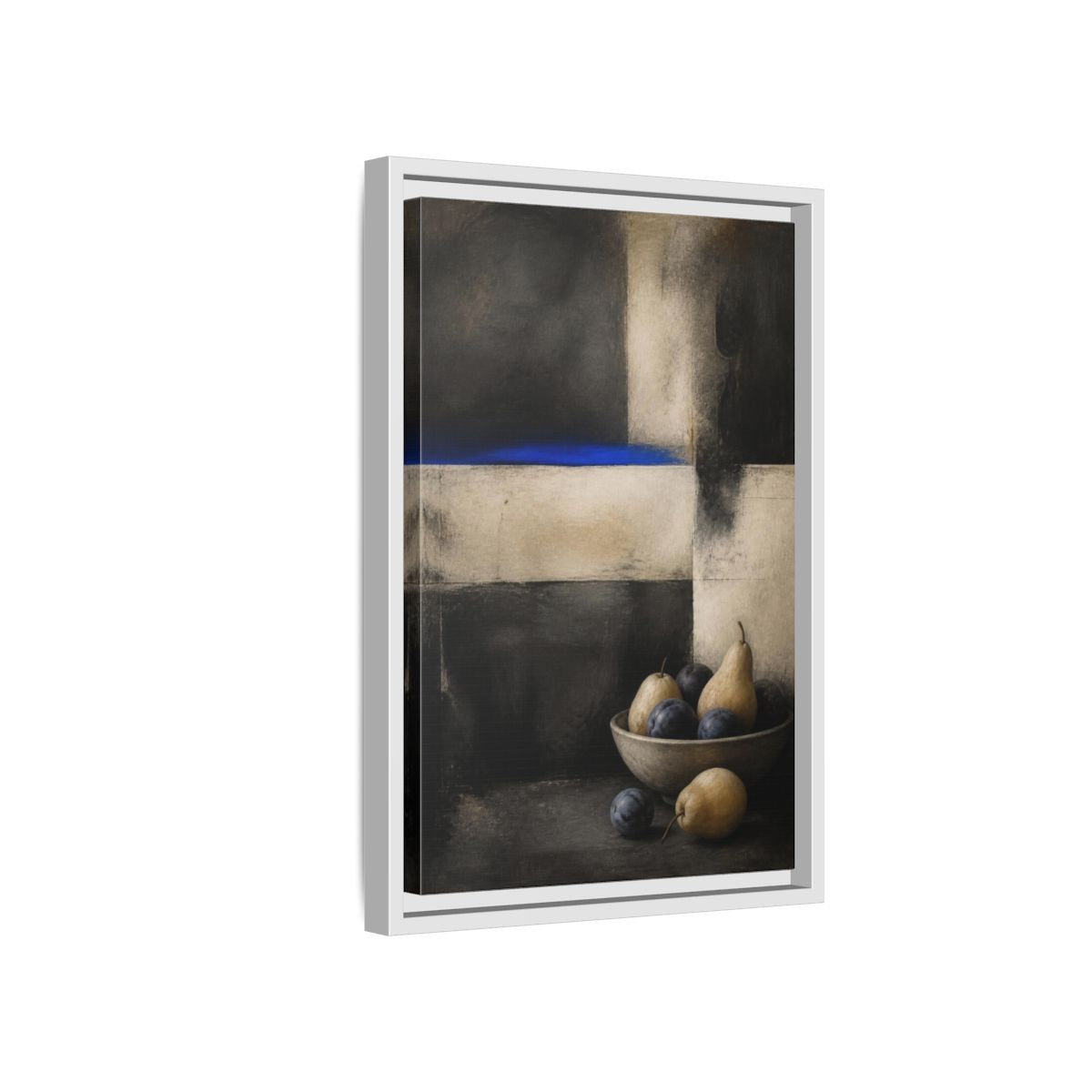 Side Mockup 4. Modern Pear Bowl With Cobalt Band shown as framed canvas print