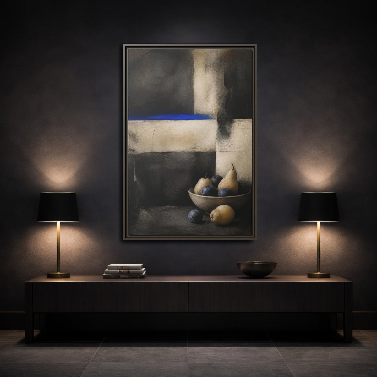 Mockup 3. Modern Pear Bowl With Cobalt Band shown as framed canvas print
