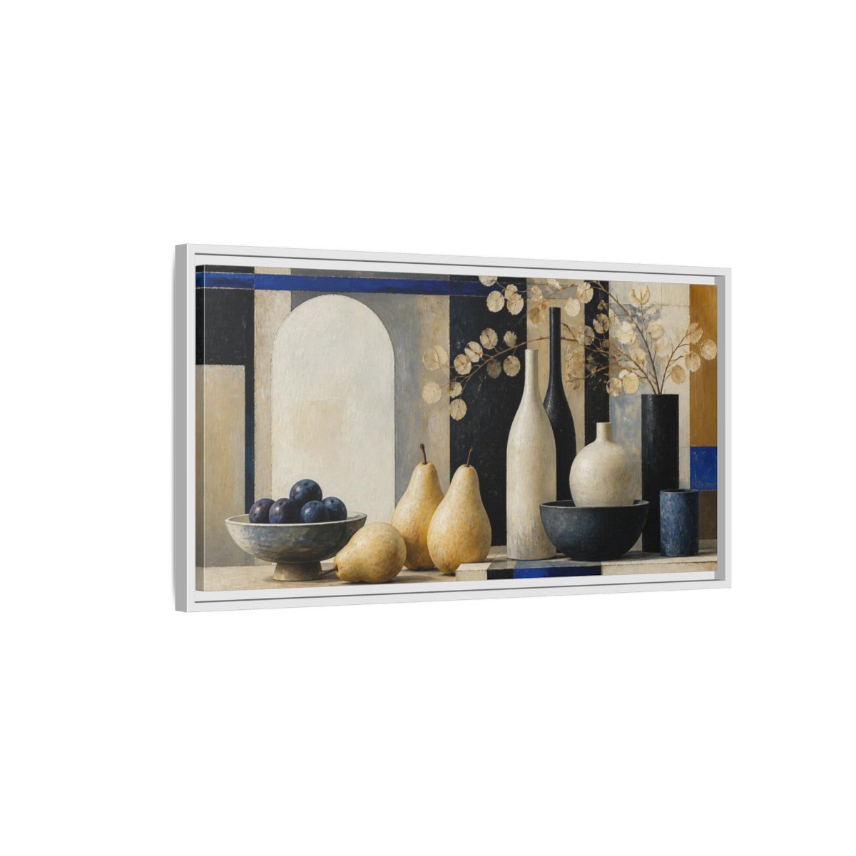 Side Mockup 1. Modern Pear Still Life shown as framed canvas print