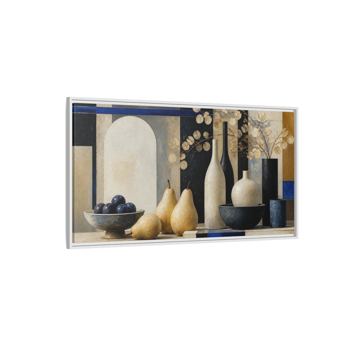 Side Mockup 3. Modern Pear Still Life shown as framed canvas print