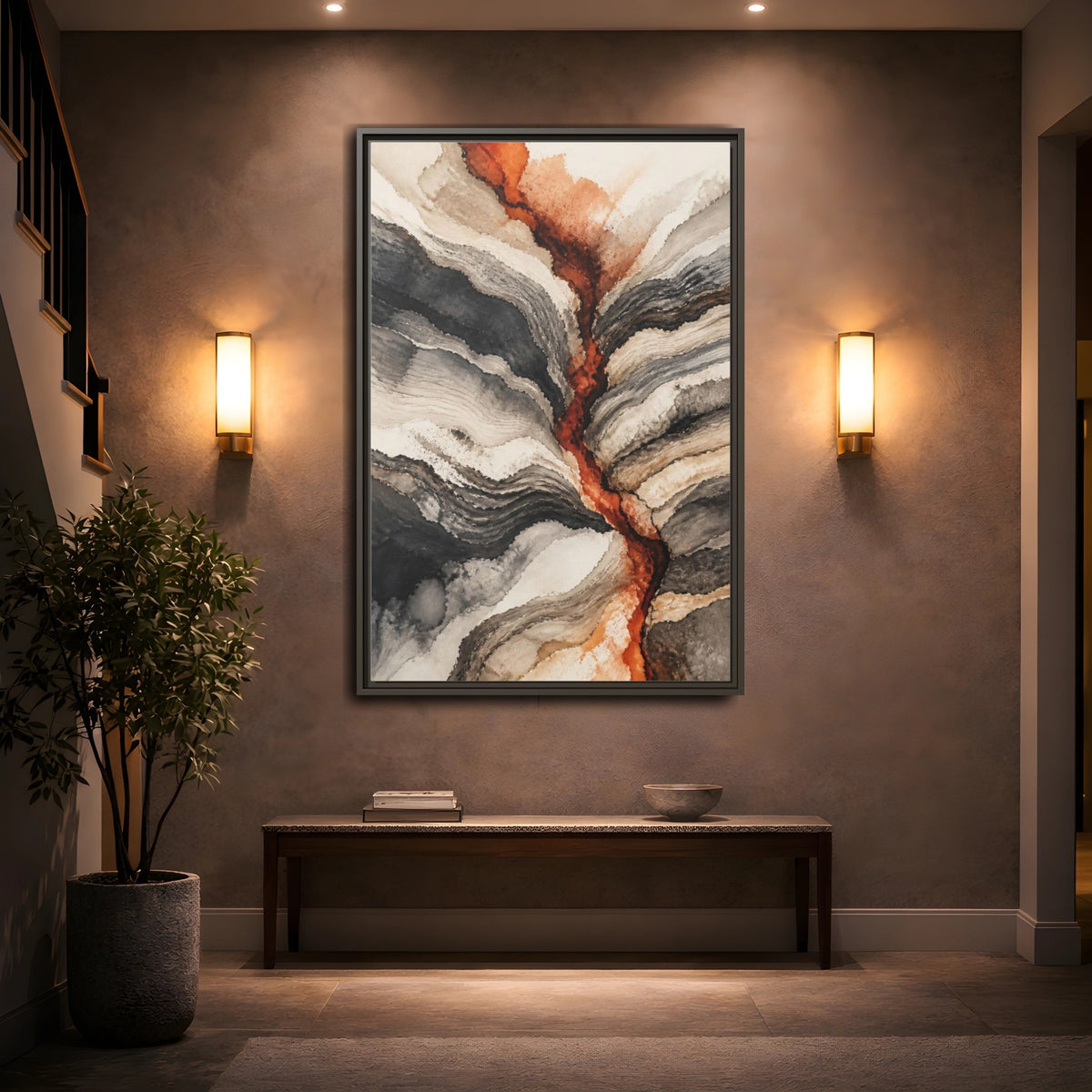 Mockup 2. Modern Sediment Layers shown as framed canvas print