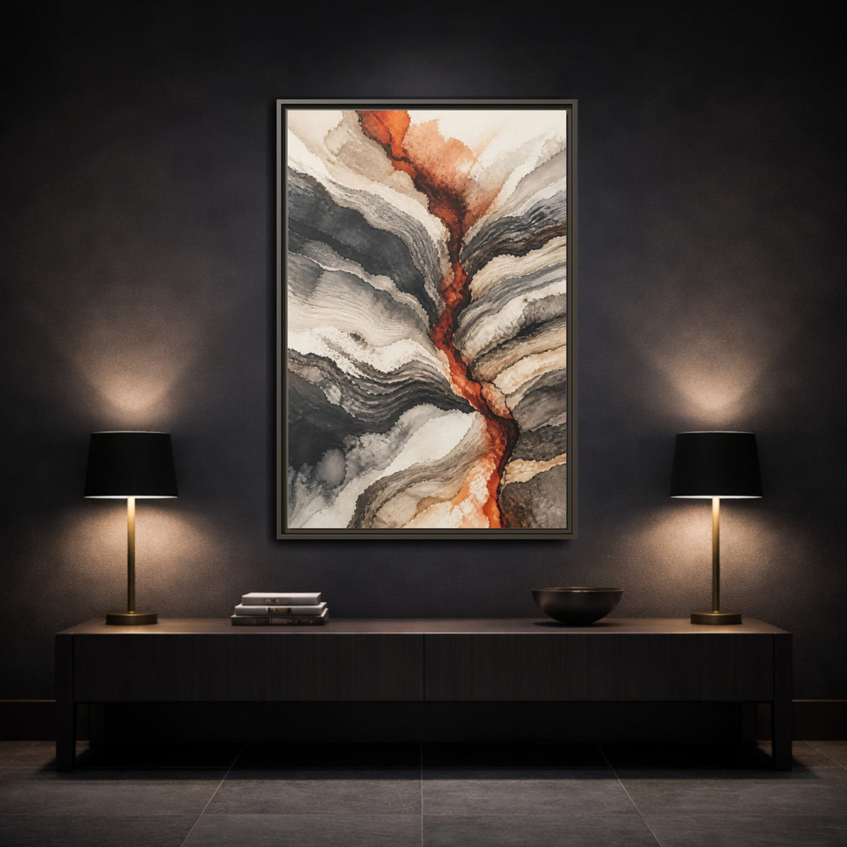 Mockup 3. Modern Sediment Layers shown as framed canvas print