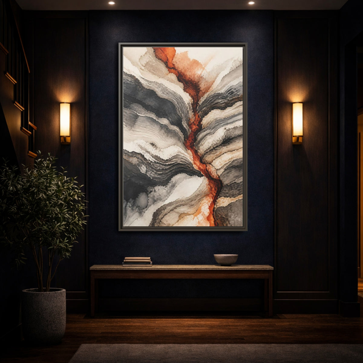 Mockup 4. Modern Sediment Layers shown as framed canvas print