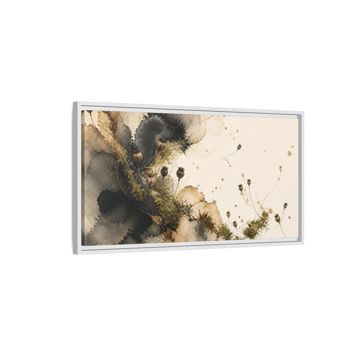 Side Mockup 1. Modern Seed Pod Study shown as framed canvas print