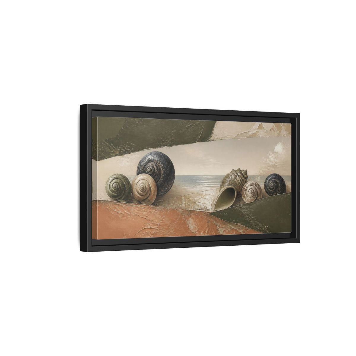 Side Mockup 8. Modern Shells On Shore shown as framed canvas print