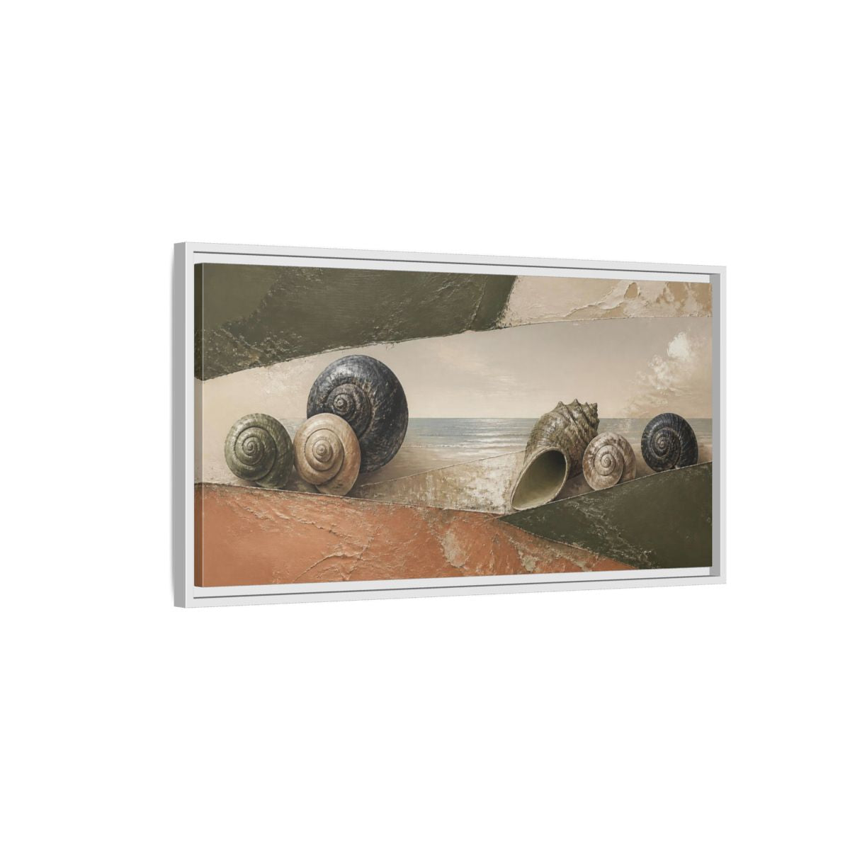Side Mockup 1. Modern Shells On Shore shown as framed canvas print