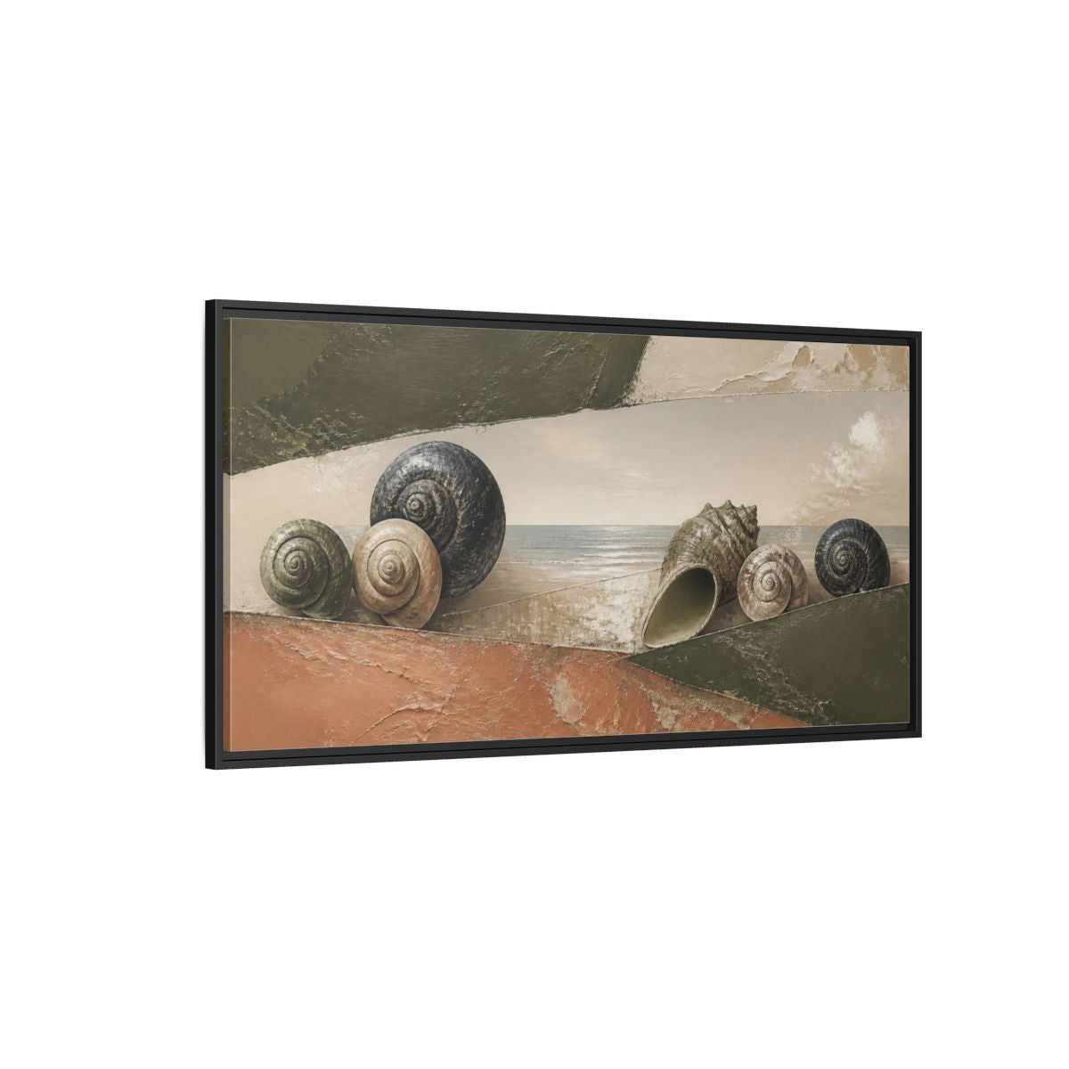 Side Mockup 5. Modern Shells On Shore shown as framed canvas print