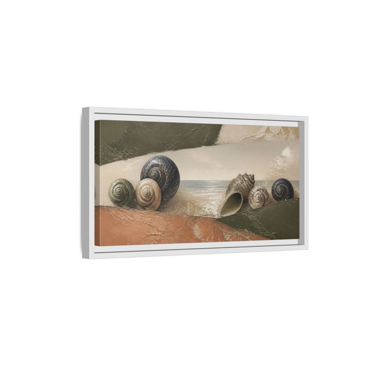 Side Mockup 6. Modern Shells On Shore shown as framed canvas print