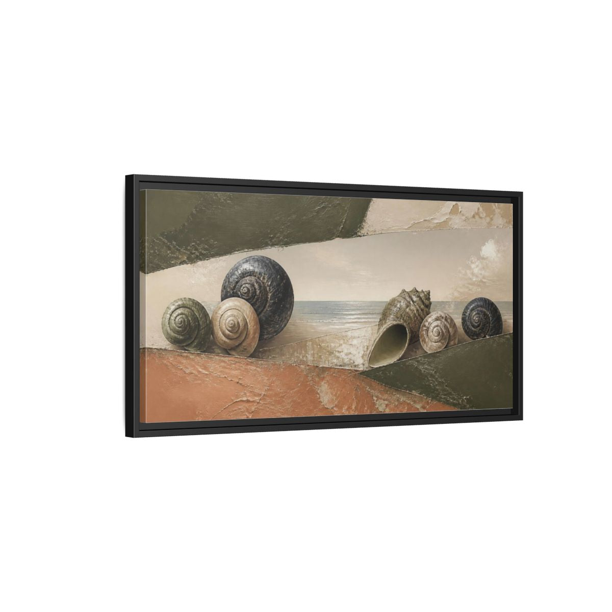 Side Mockup 2. Modern Shells On Shore shown as framed canvas print