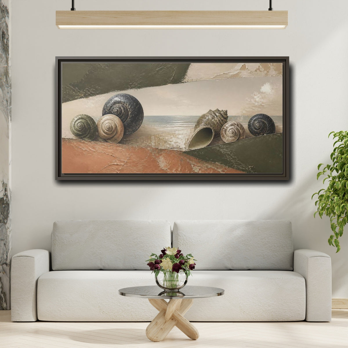 Mockup 2. Modern Shells On Shore shown as framed canvas print