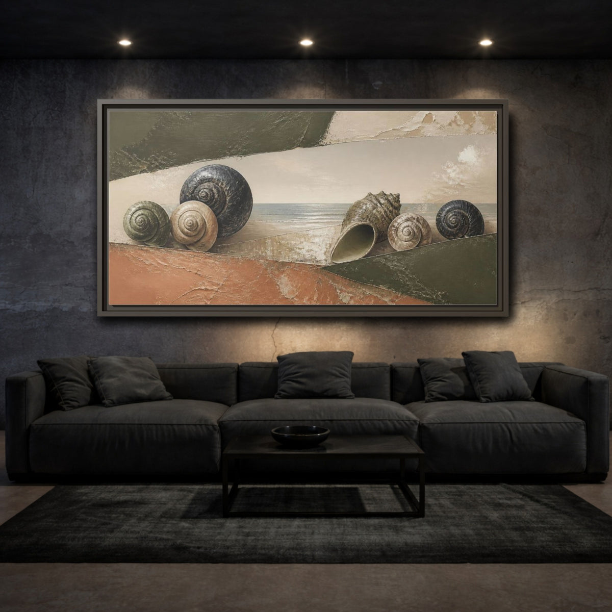 Mockup 3. Modern Shells On Shore shown as framed canvas print