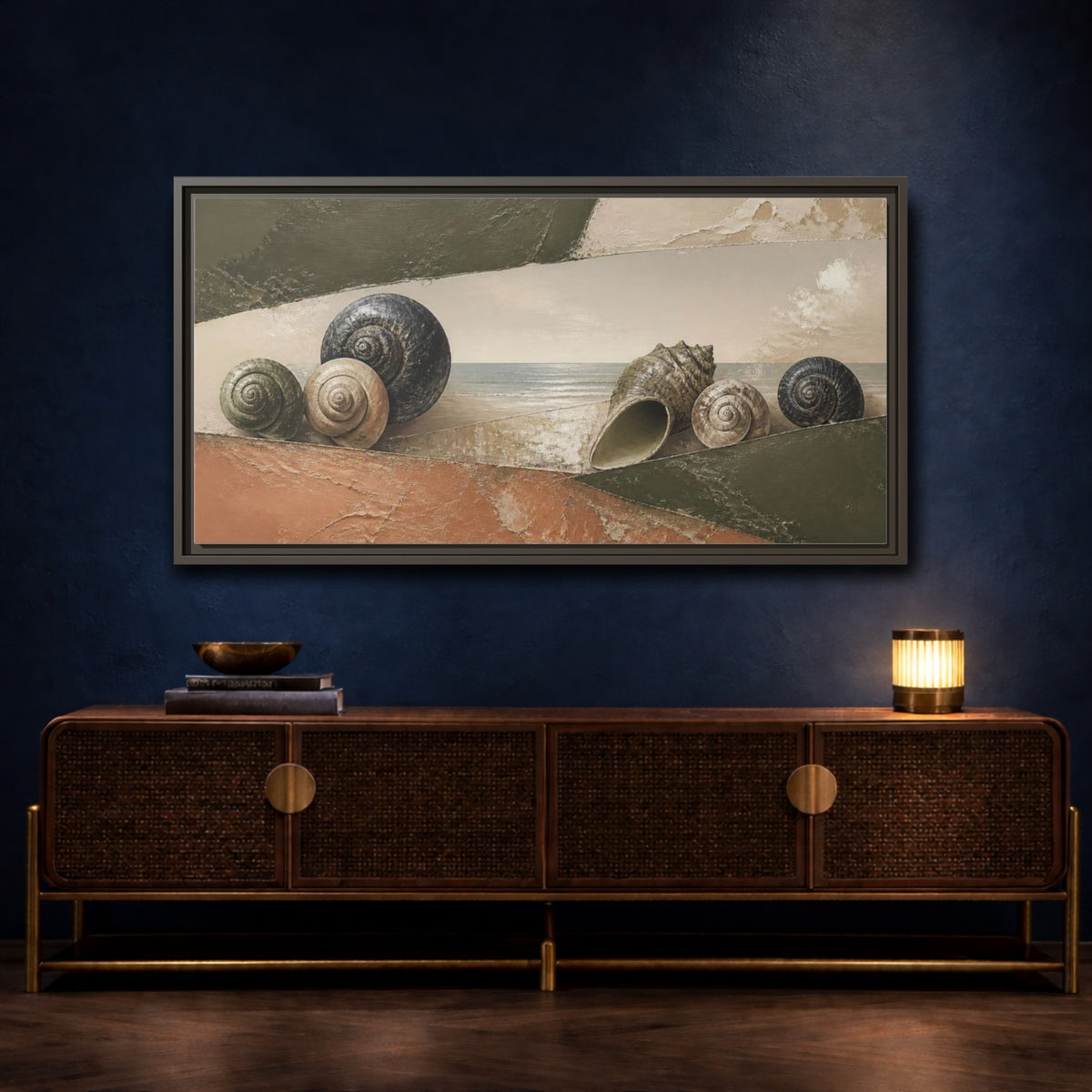 Mockup 4. Modern Shells On Shore shown as framed canvas print