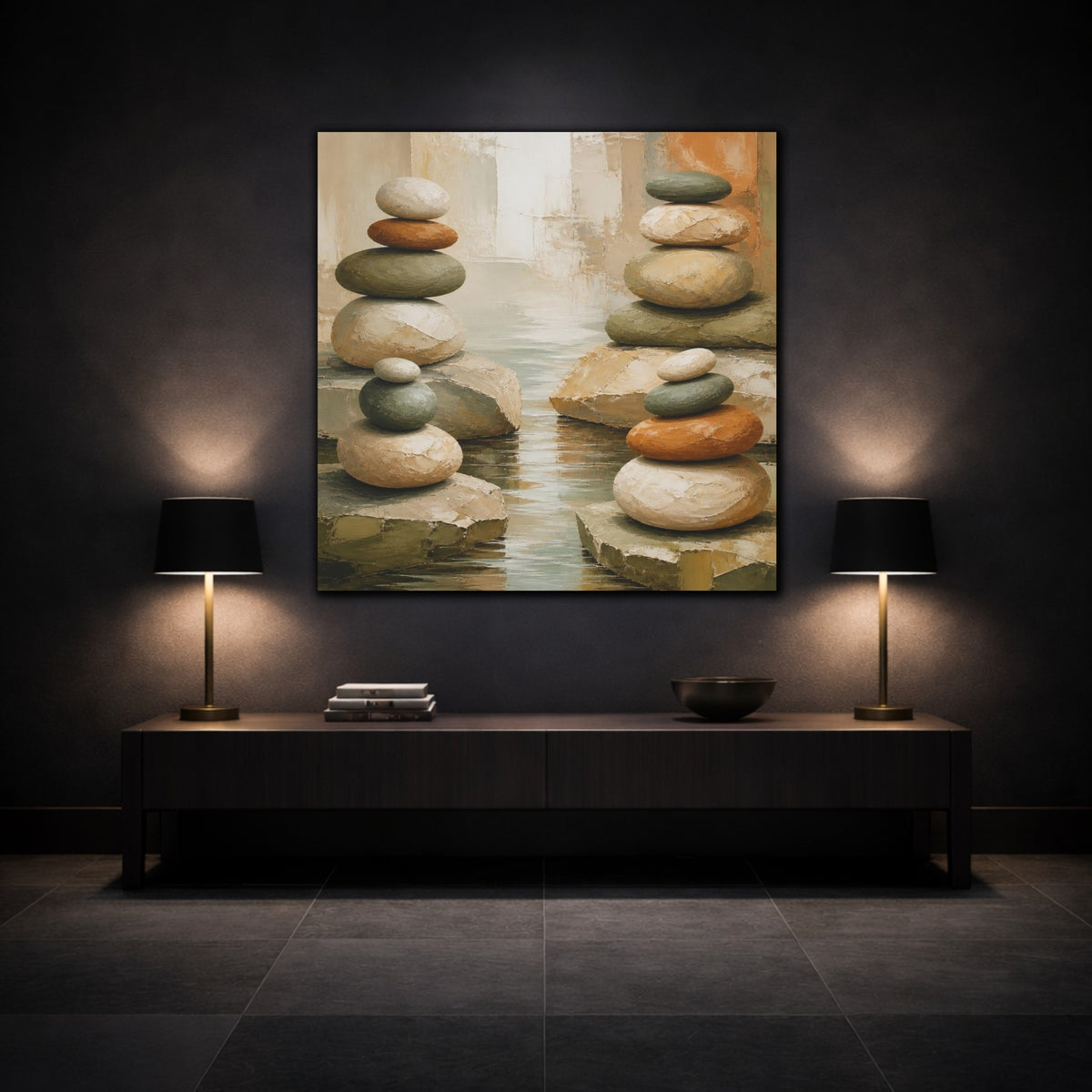 Mockup 3. Modern Stacked Stones shown as canvas print
