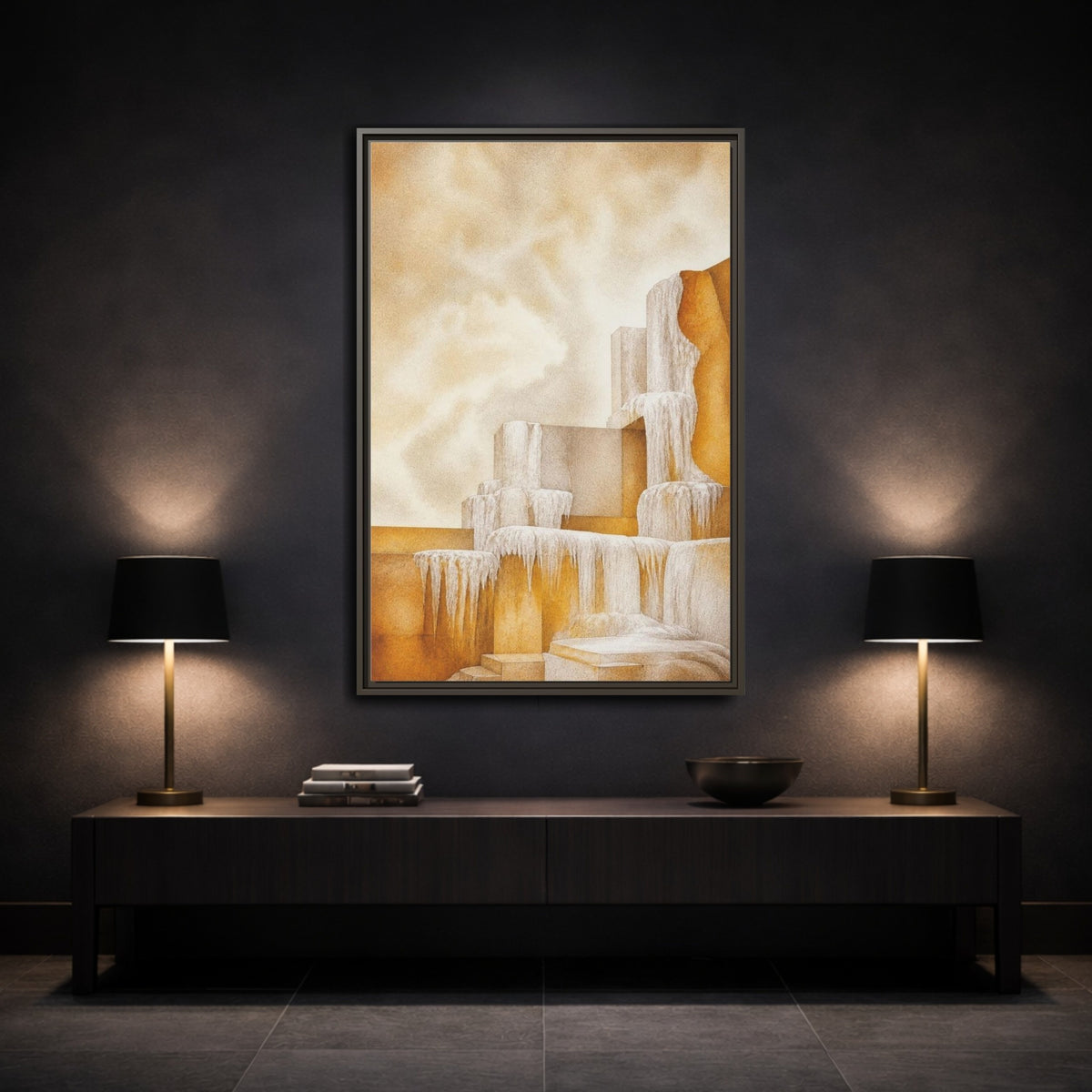 Mockup 3. Modern Stone Terraces shown as framed canvas print
