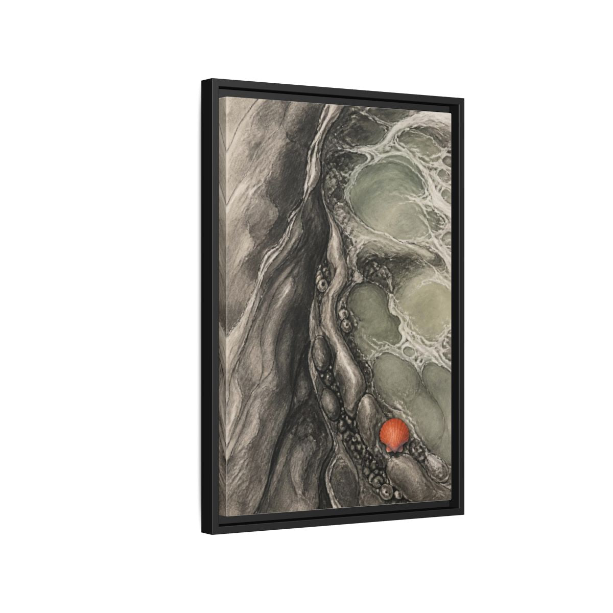 Side Mockup 3. Modern Tidal Pool Shell shown as framed canvas print
