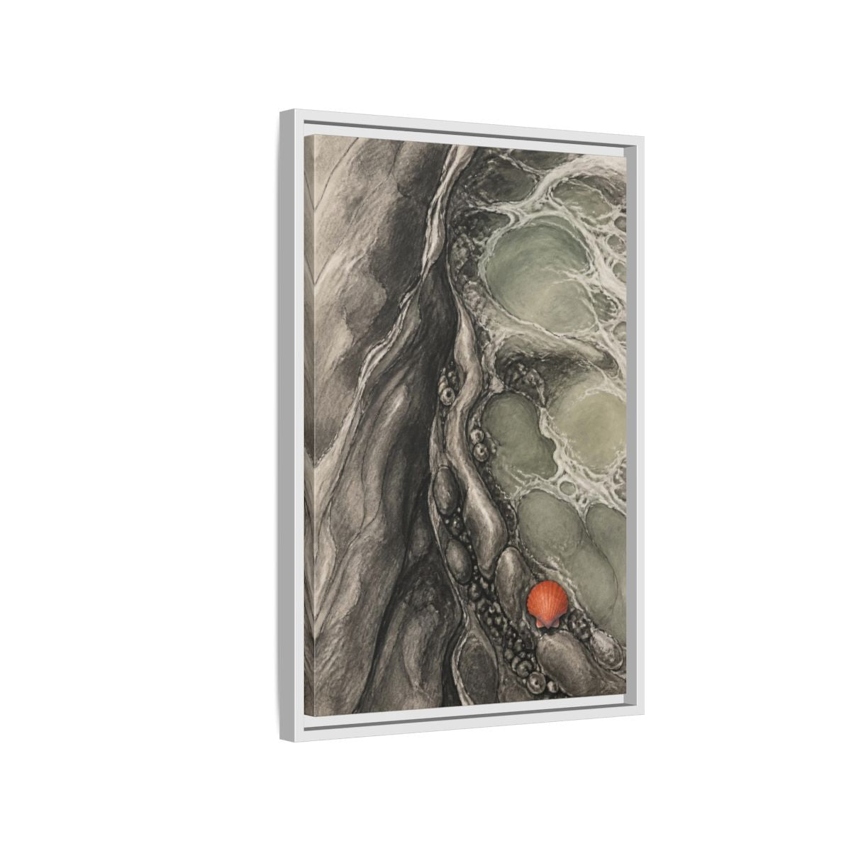 Side Mockup 1. Modern Tidal Pool Shell shown as framed canvas print
