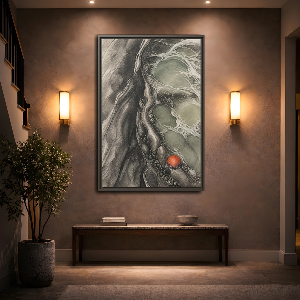 Mockup 2. Modern Tidal Pool Shell shown as framed canvas print