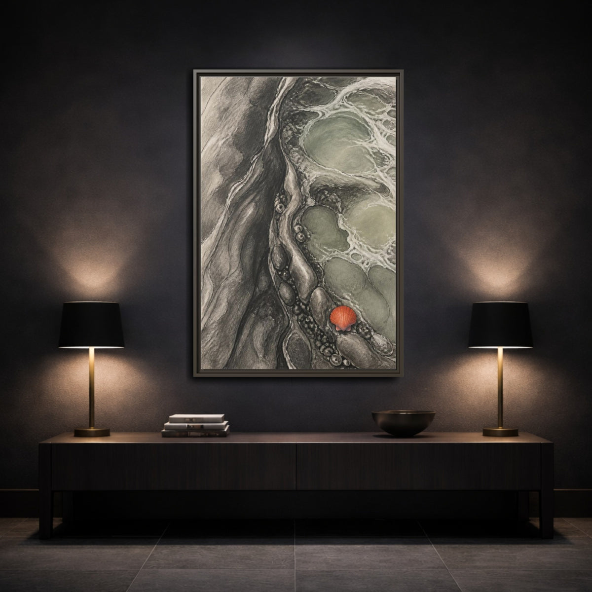 Mockup 3. Modern Tidal Pool Shell shown as framed canvas print