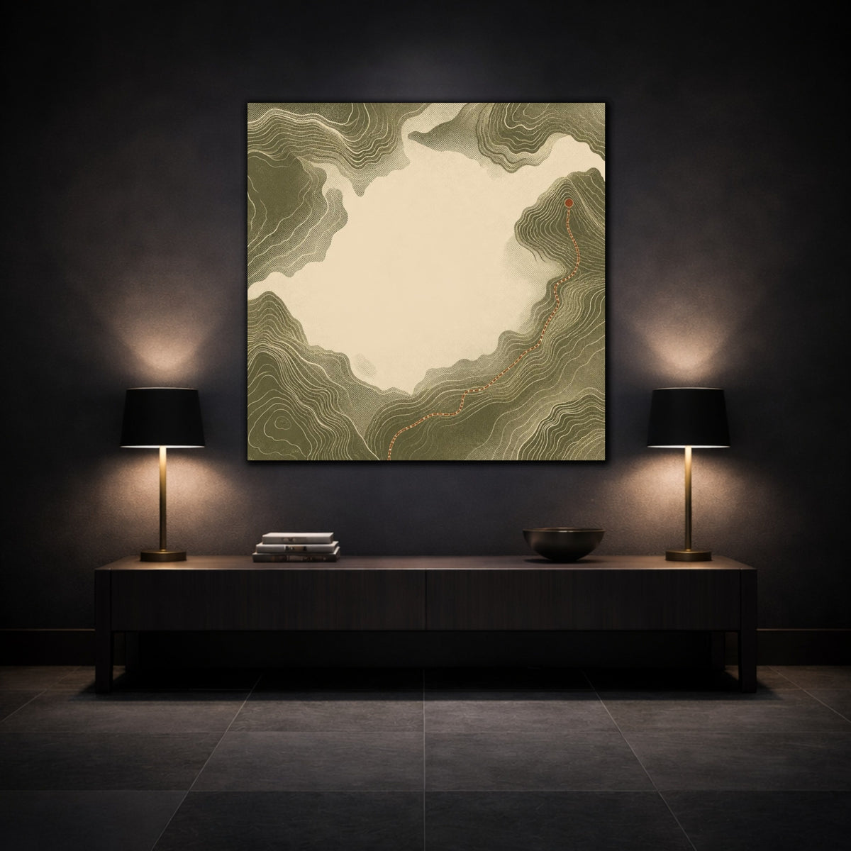 Mockup 3. Modern Topographic Route shown as canvas print