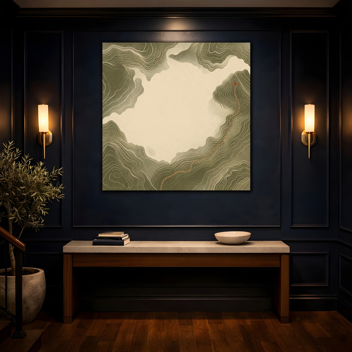 Mockup 4. Modern Topographic Route shown as canvas print