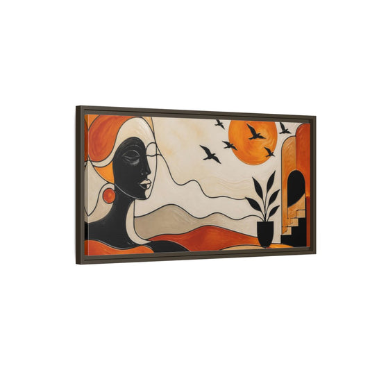 Main Mockup. Modern Woman With Saffron Sun shown as framed canvas print