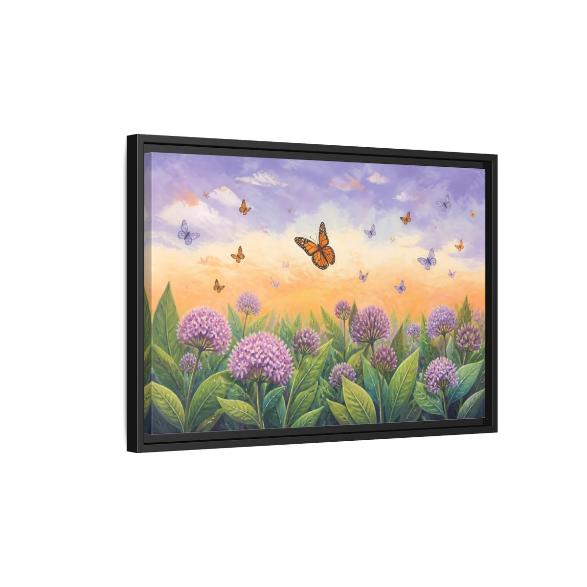 Side Mockup 3. Monarch Butterfly Sunset Garden shown as framed canvas print