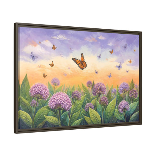 Main Mockup. Monarch Butterfly Sunset Garden shown as framed canvas print