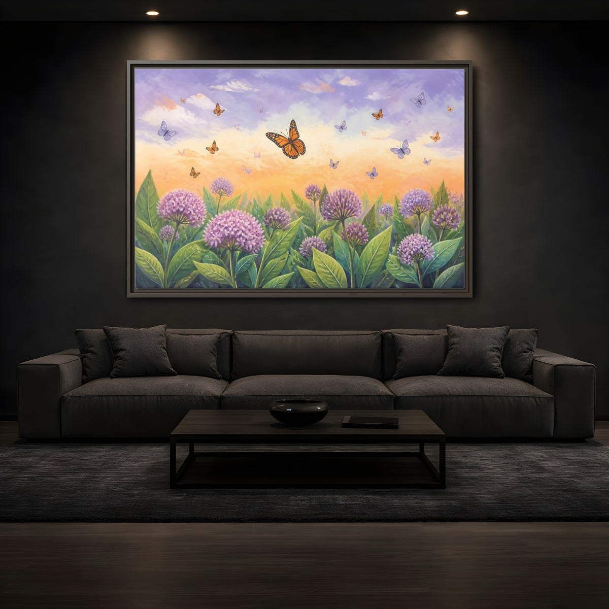 Mockup 3. Monarch Butterfly Sunset Garden shown as framed canvas print