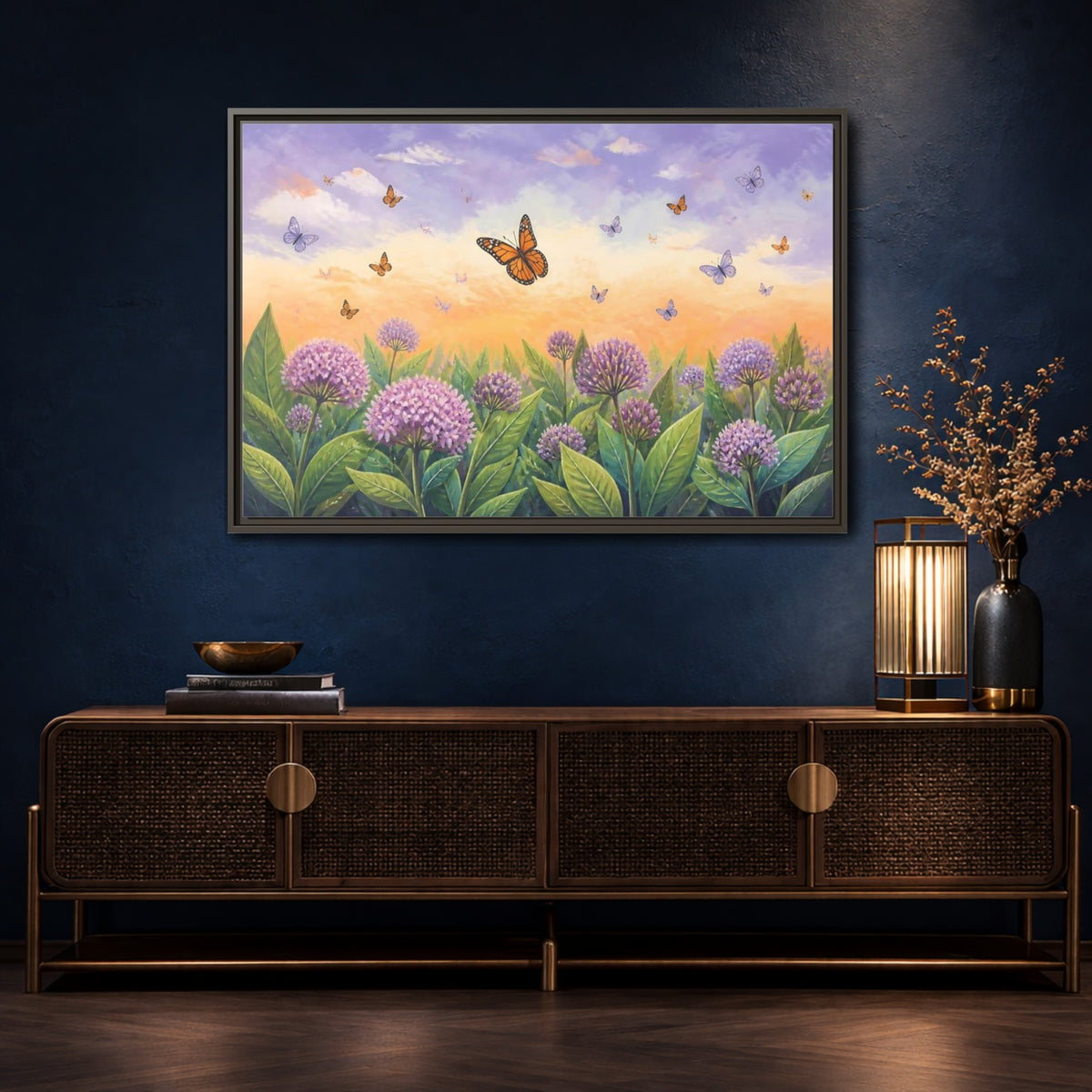 Mockup 4. Monarch Butterfly Sunset Garden shown as framed canvas print