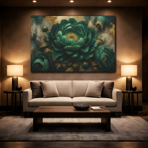 Mockup 2. Monumental Emerald Peony Flower shown as canvas print