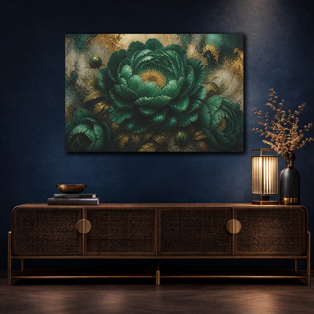 Mockup 4. Monumental Emerald Peony Flower shown as canvas print