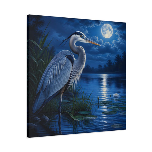 Main Mockup. Moonlit Blue Heron Animal shown as canvas print