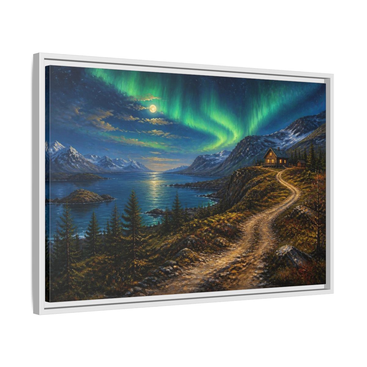 Side Mockup 10. Moonlit Cabin Landscape shown as framed canvas print