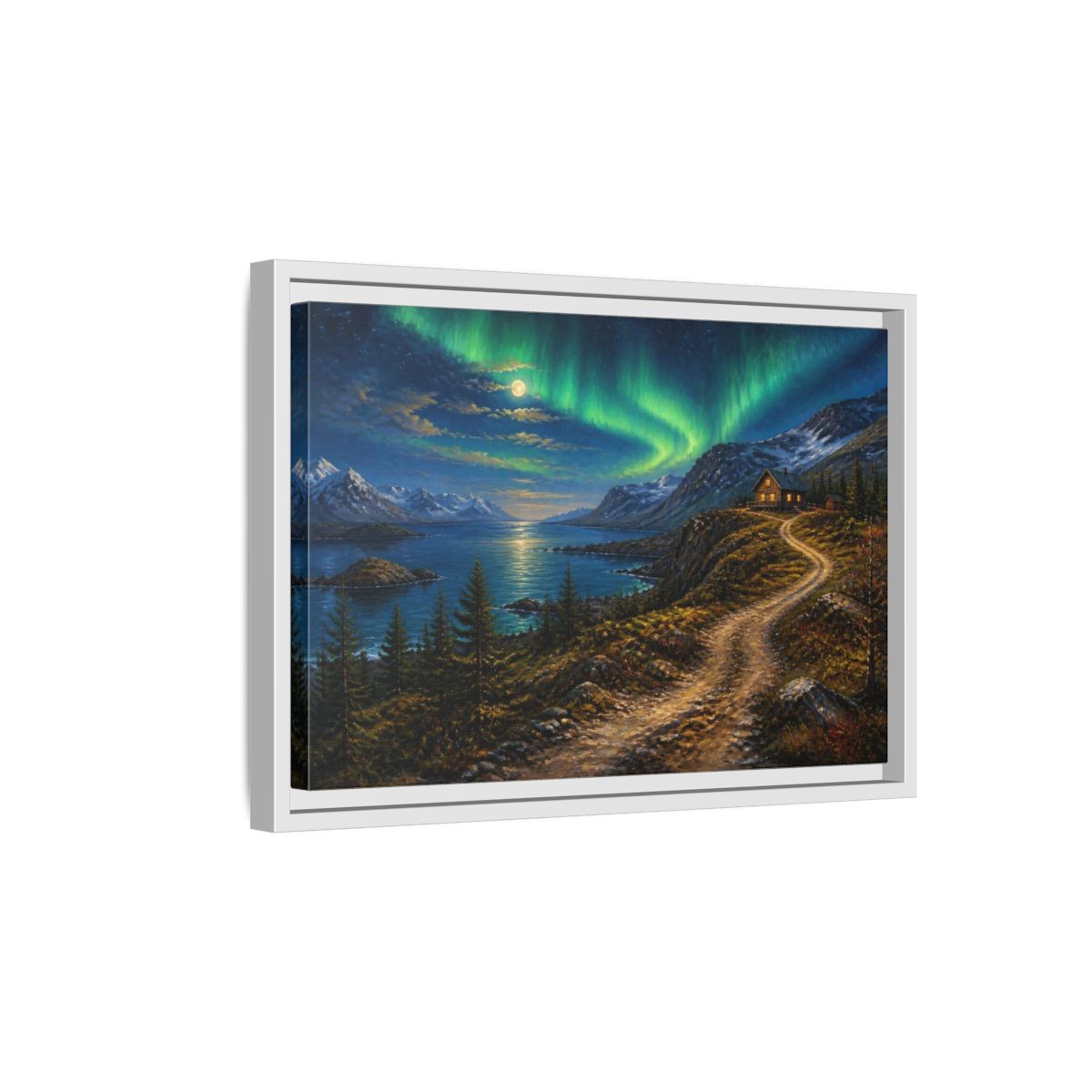 Side Mockup 4. Moonlit Cabin Landscape shown as framed canvas print