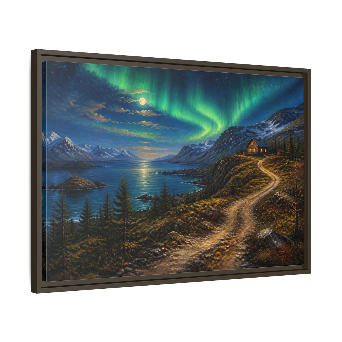 Side Mockup 11. Moonlit Cabin Landscape shown as framed canvas print