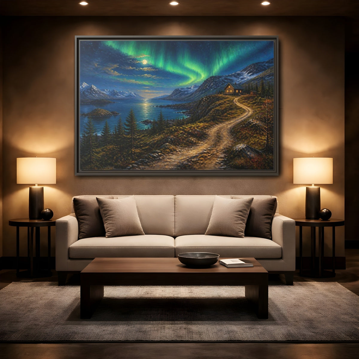 Mockup 2. Moonlit Cabin Landscape shown as framed canvas print