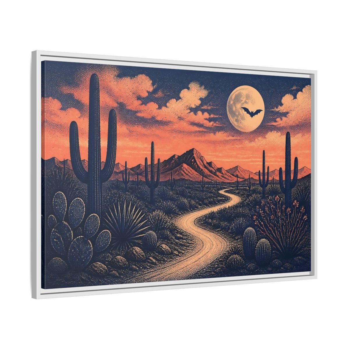 Side Mockup 9. Moonlit Cactus Trail shown as framed canvas print
