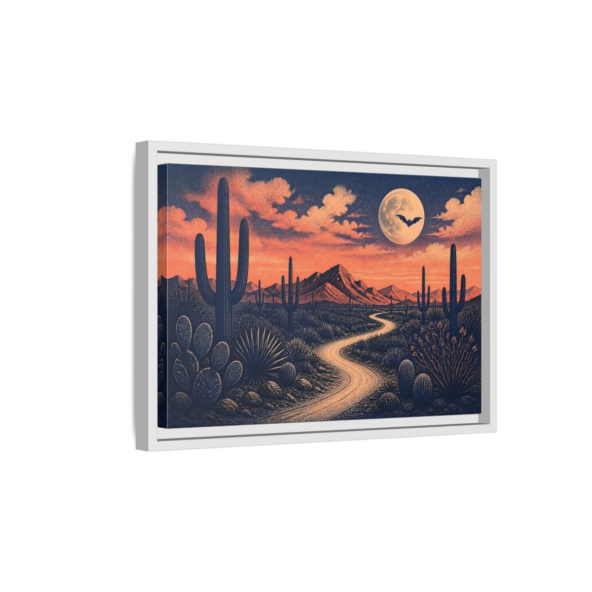 Side Mockup 4. Moonlit Cactus Trail shown as framed canvas print