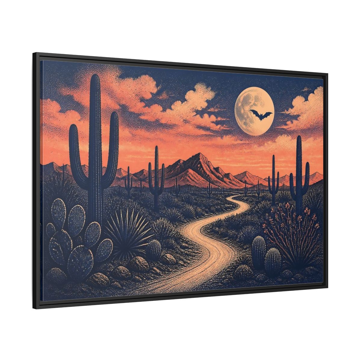 Side Mockup 12. Moonlit Cactus Trail shown as framed canvas print