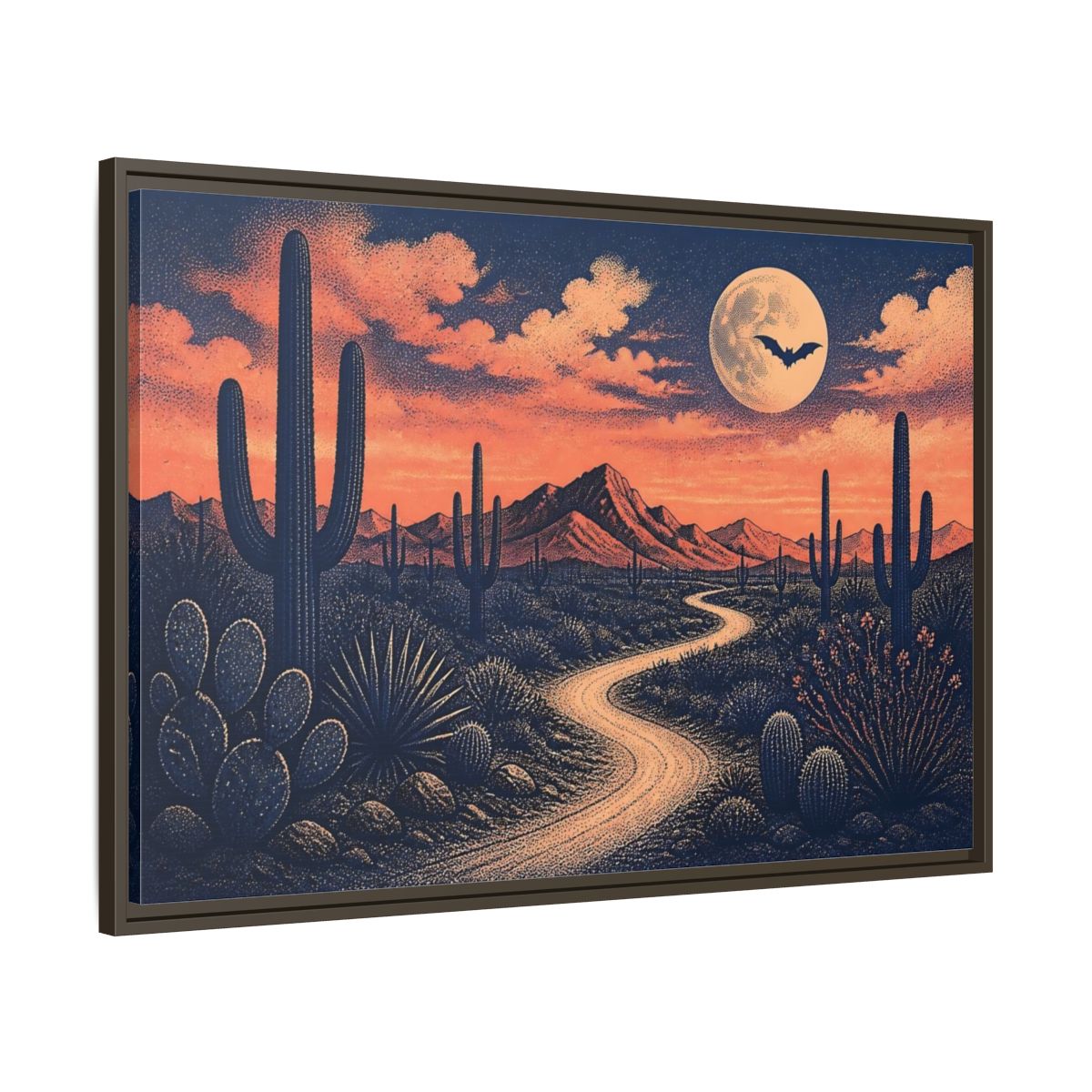 Main Mockup. Moonlit Cactus Trail shown as framed canvas print