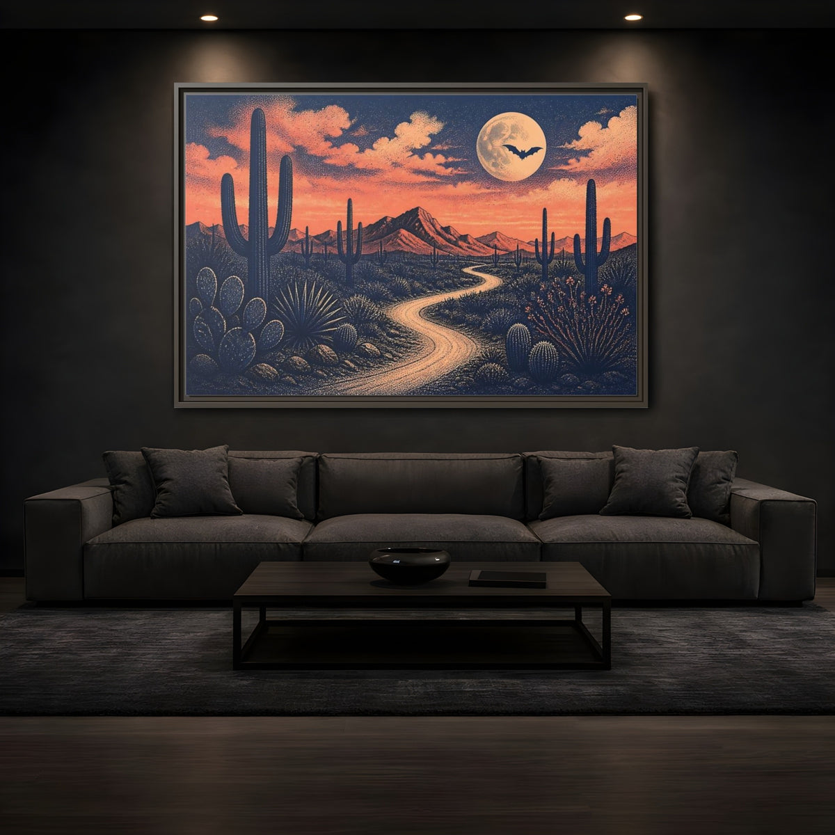 Mockup 3. Moonlit Cactus Trail shown as framed canvas print