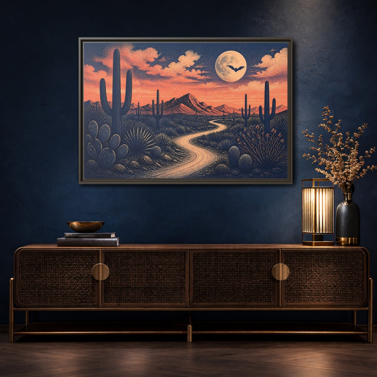 Mockup 4. Moonlit Cactus Trail shown as framed canvas print