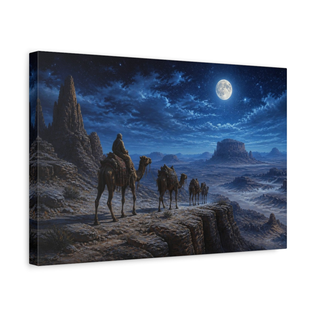 Side Mockup 4. Moonlit Camel Caravan Landscape shown as canvas print