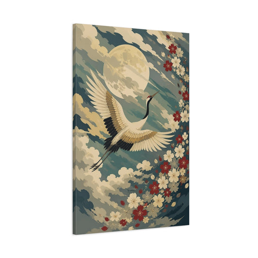 Main Mockup. Moonlit Crane Flight shown as canvas print