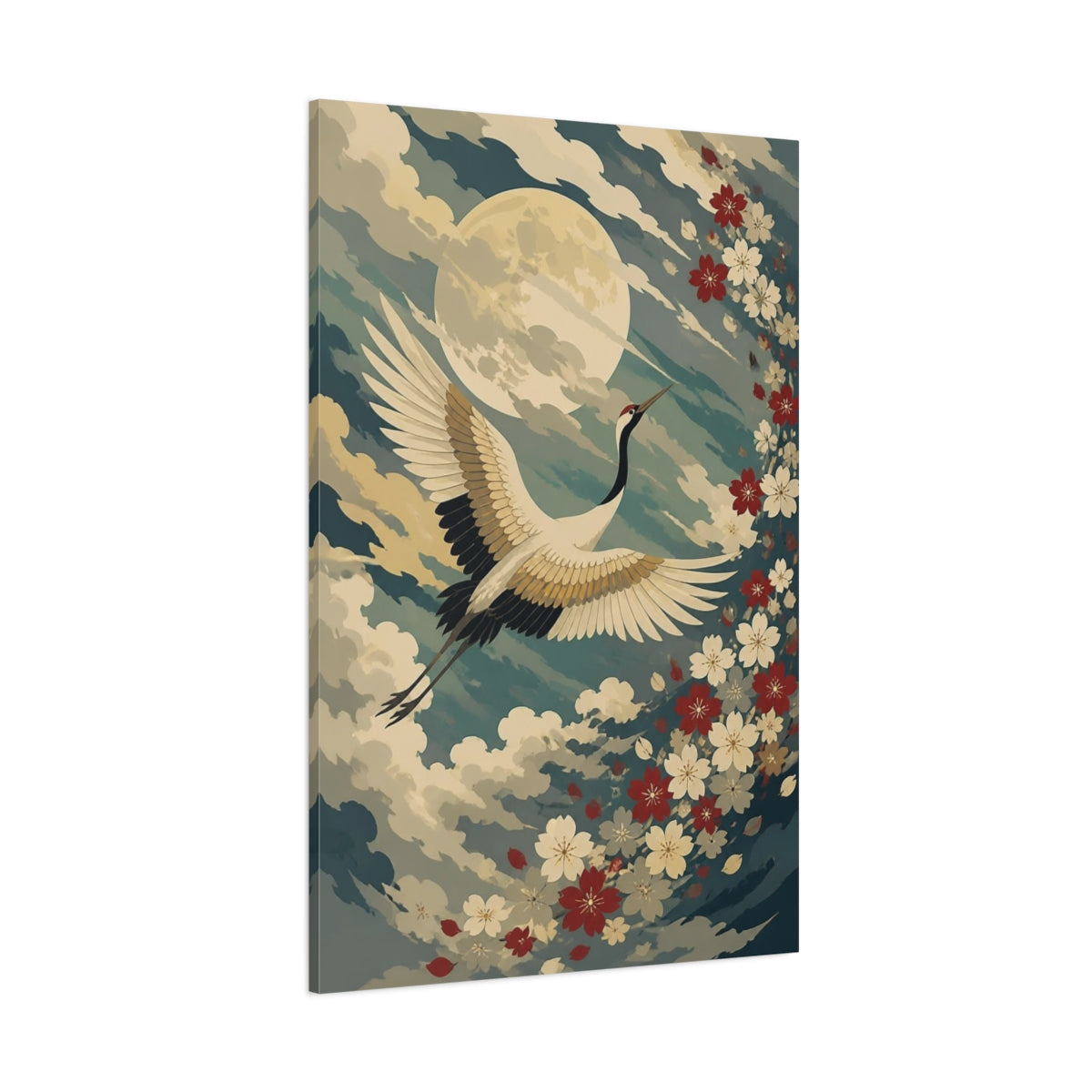 Side Mockup 1. Moonlit Crane Flight shown as canvas print