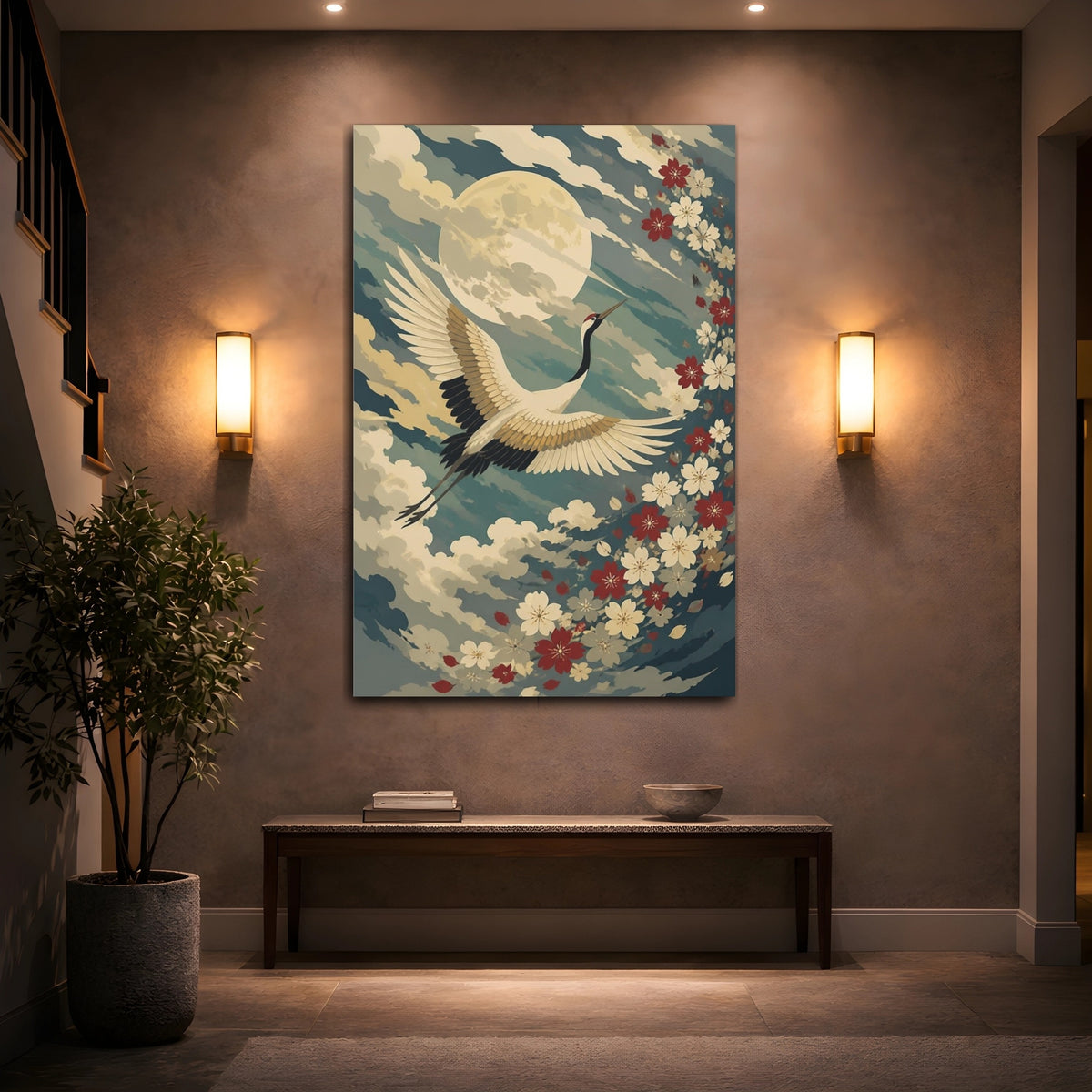 Mockup 2. Moonlit Crane Flight shown as canvas print
