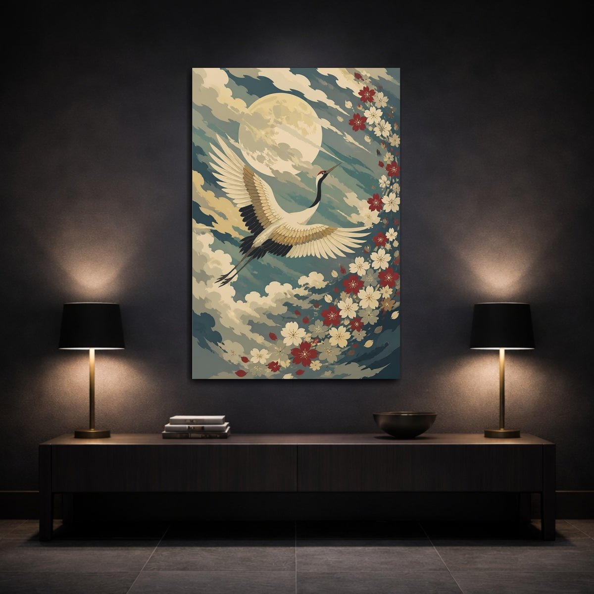 Mockup 3. Moonlit Crane Flight shown as canvas print