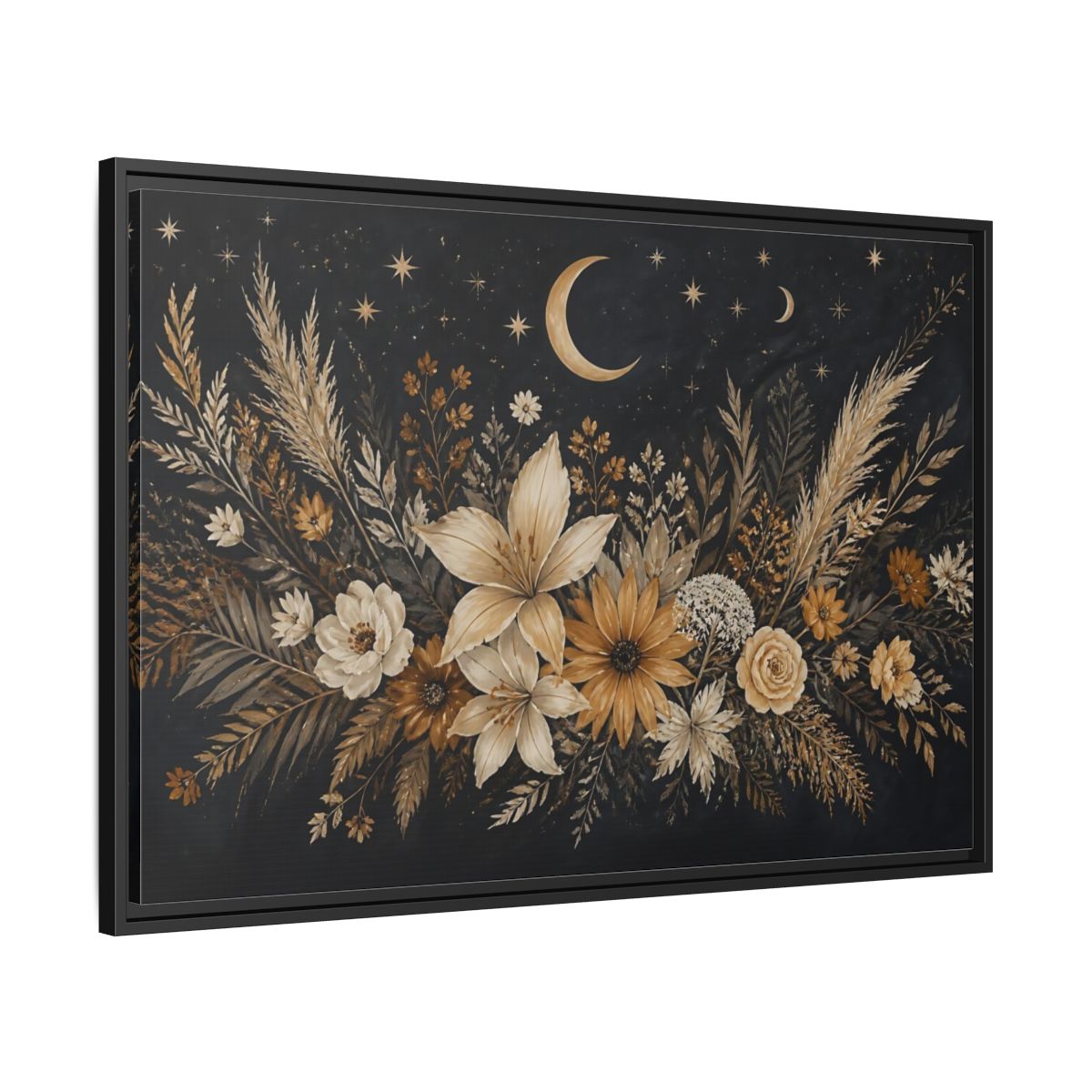 Side Mockup 13. Moonlit Floral Bouquet shown as framed canvas print